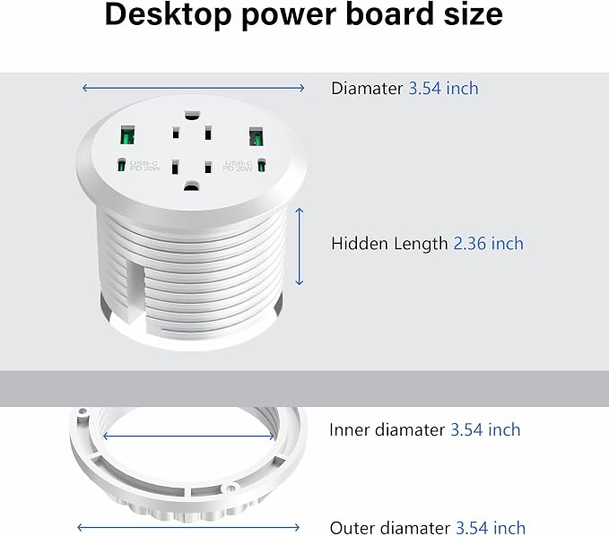 Desktop Power Grommet, 40W Fast Charging Station, 2 AC Outlets, 4 USB Ports - Image 5