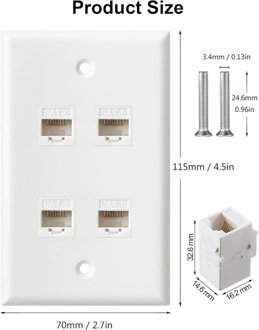 Ethernet Wall Plate, 4 Port Cat6 RJ45 Keystone Inline Coupler Wall Plate - Image 2