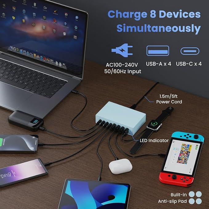 Light Blue 8-in-1 GaN III USB C Charger Hub - 65W PD Laptop Charger & Travel - Image 5