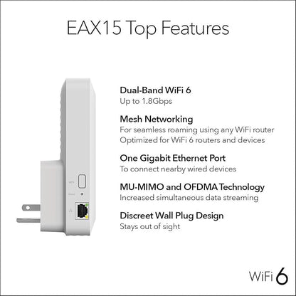 NETGEAR EAX15-100NAR AX1800 Dual-Band WiFi 6 Mesh Extender Wall Plug - Image 5