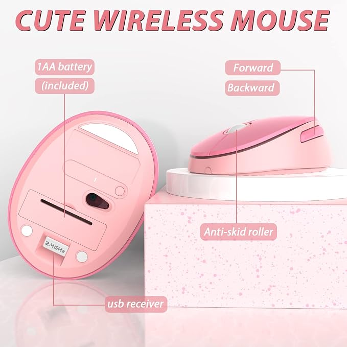 Cute Pink Wireless Keyboard and Mouse, 2.4G Retro Round Keycap - Image 2