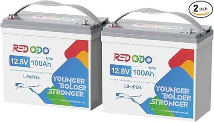 Redodo 2 Pack 12V 100Ah Mini LiFePO4 Lithium Battery, 1280Wh Deep Cycle Battery by PrimeDayRedodoSaveup55