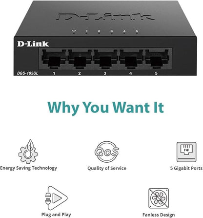 D-Link 5-Port Gigabit Unmanaged Ethernet Switch, Silent Fanless, Sturdy Metal - Image 4