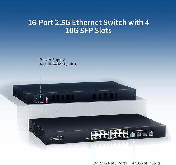 16 Port 2.5G Network Ethernet Switch, 16 x 2.5Gb RJ45 Ports, 4 x 10G SFP Slots - Image 2