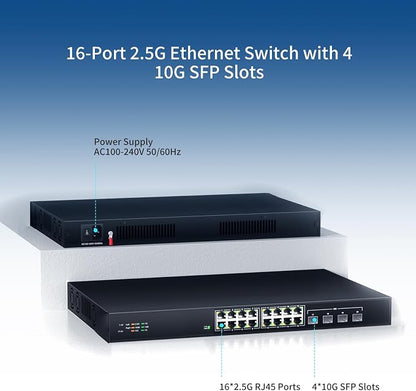 16 Port 2.5G Network Ethernet Switch, 16 x 2.5Gb RJ45 Ports, 4 x 10G SFP Slots - Image 2