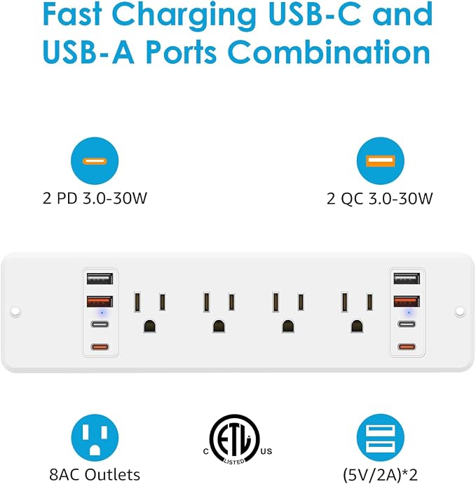 HHSOET 16 in 1 Recessed Power Strip Flat Plug, 30W Fast Charging Furniture - Image 4