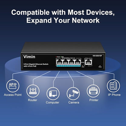 4 Port Gigabit PoE Switch with 1 Uplink Gigabit Ports, VIMIN 5 Port Unmanaged - Image 3