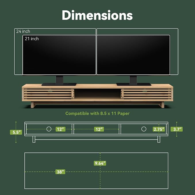 Dual Monitor Stand Riser with Sliding Door, Double Computer Laptop Stand Desk - Image 5