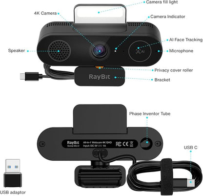 5-in-1 Design 4K Webcam with Speaker and Microphone, Built-in Light, Privacy - Image 7
