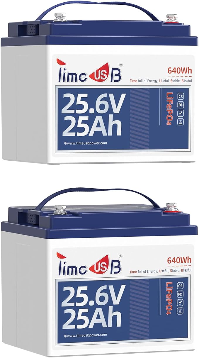 24V 25Ah LiFePO4 Battery, 2 Pack 2C High Discharge Rate Built-in 50A BMS 640Wh by Timeusb