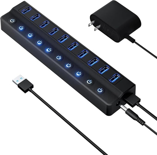 Powered USB Hub 3.0, 10-Port USB Splitter Hub by Onfinio