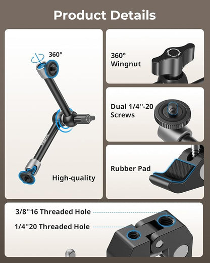 SMALLRIG Clamp w/ 1/4" and 3/8" Thread and 9.8 Inches Adjustable Friction Power - Image 2
