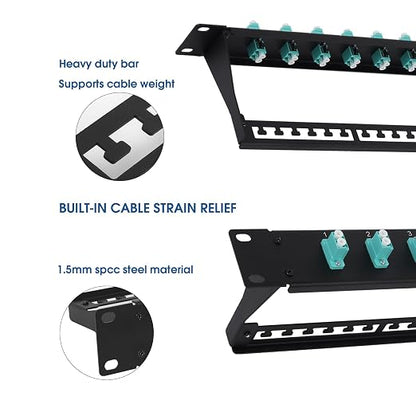 1U Fiber Patch Panel with 12 LC OM3/OM4 Multimode Fiber Optic Couplers - Image 2