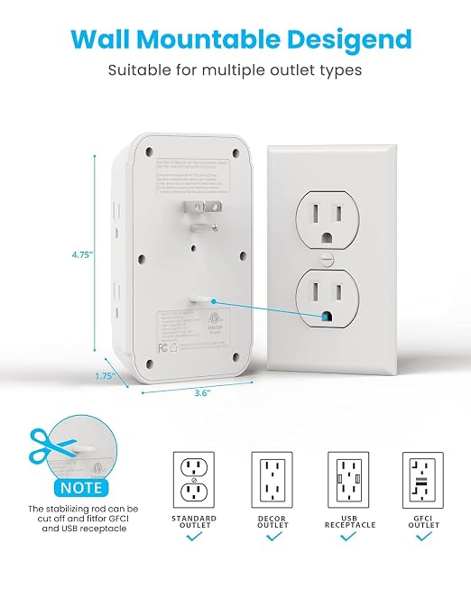 Surge Protector Outlet Extender, VINTAR 6 Outlet Splitter - Image 5