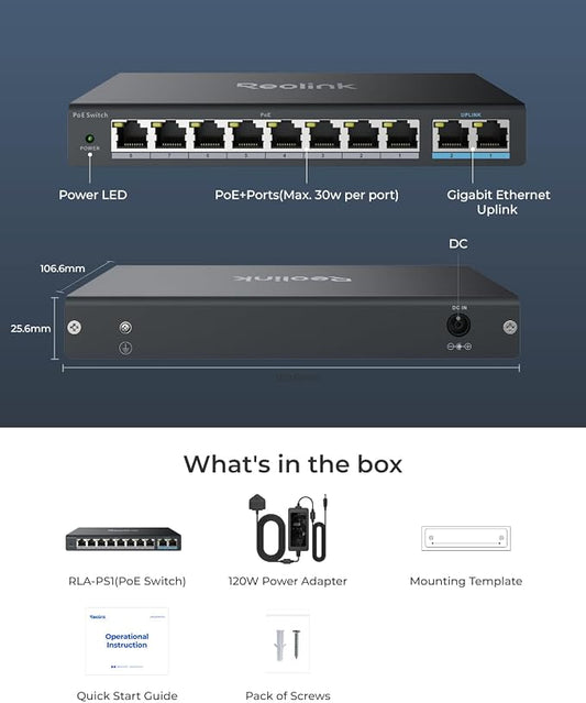 REOLINK PoE Switch with 8 PoE and 2 Gigabit Uplink Ports, IEEE802.3af/at - Image 2