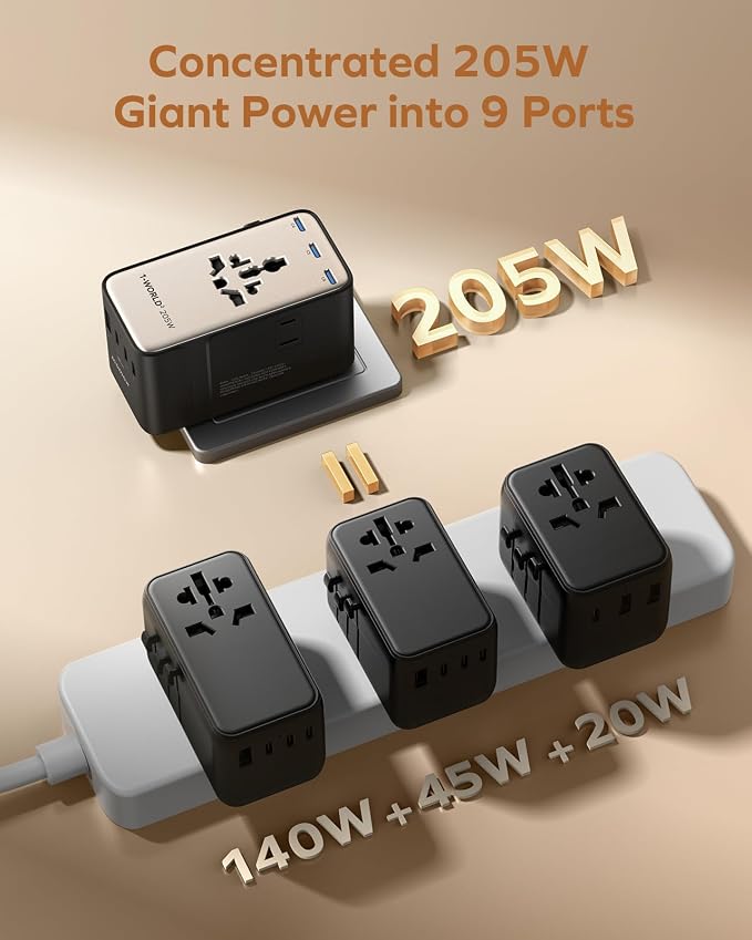 MOMAX GaN 205W Universal Travel Adapter, 9-in-1 European Travel Plug Adapter - Image 3