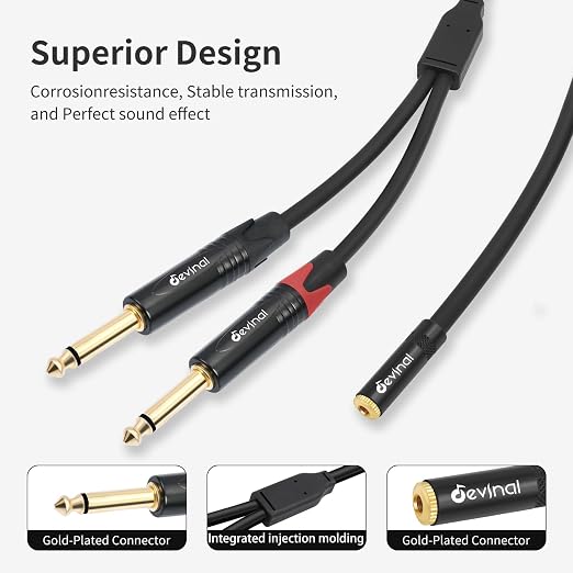 Devinal 3.5mm to Dual 1/4 Y Splitter Cable, 1/8" Female TRS to Dual 6.35mm TS - Image 2