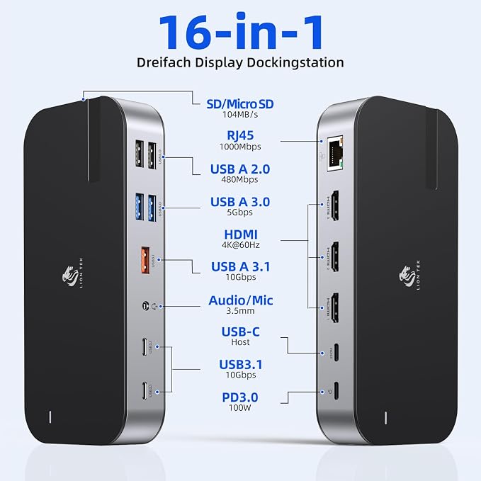 Laptop Docking Station, 16 in 1 Docking Station USB C Docking Triple Monitor - Image 2
