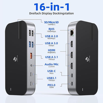 Laptop Docking Station, 16 in 1 Docking Station USB C Docking Triple Monitor - Image 2