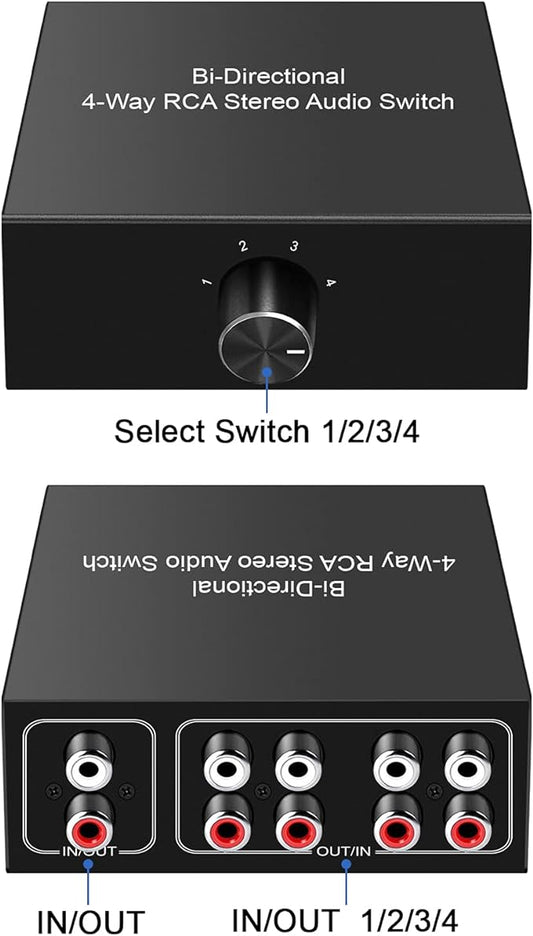 4-Way Stereo L/R Sound Channel Bi-Directional Audio Switcher, 1 in 4 Out or 4 - Image 2