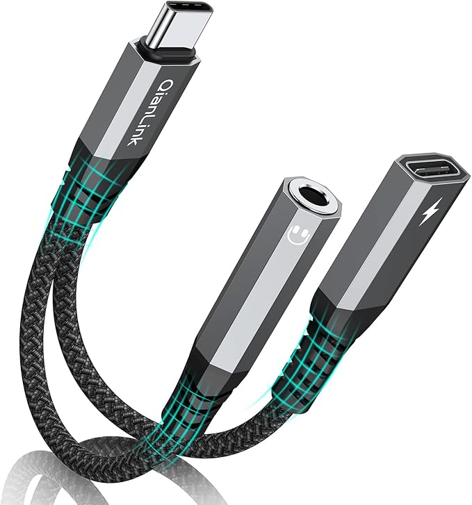 USB C to 3.5mm Headphone and Charger Adapter, 2-in-1 Type C to Aux Jack Cable by QianLink