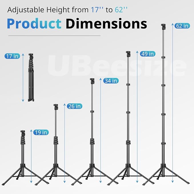 UBeesize 62" Phone Tripod & Selfie Stick, Camera Tripods Stand - Image 2