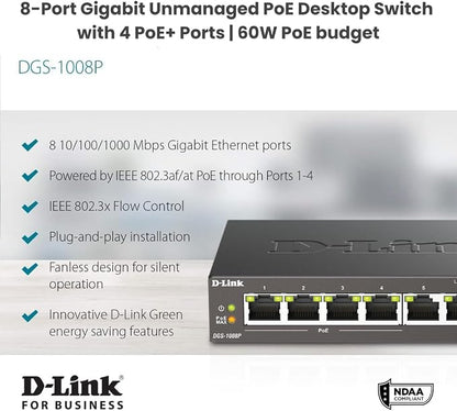 D-Link 8-Port Gigabit Unmanaged PoE+ Ethernet Switch, - Image 2