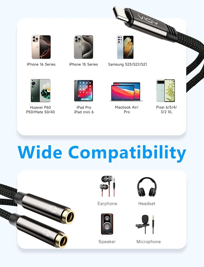 VIOY USB C to Dual 3.5mm Female Headphone Splitter, Type C to Headphone Audio - Image 2