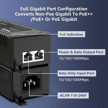 YuanLey Gigabit PoE Injector 60W, PoE++ Injector Converts Non-PoE to PoE++ - Image 3