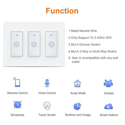 Milfra Smart Switch 3 Gang Alexa Light Switch Smart WiFi Light Switch Compatible - Image 2