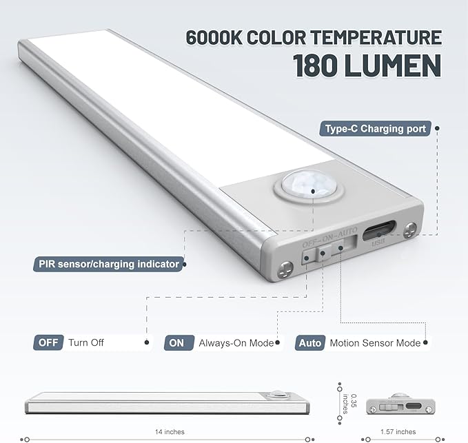 6 Pack Under Cabinet Lighting Wireless, 58 LED Rechargeable Battery Motion - Image 6