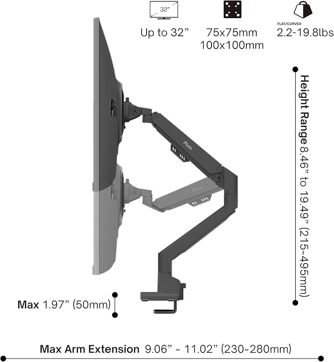 Pixio PS1S Wave Black Single Monitor Arm Stand Desk Mount - Image 4
