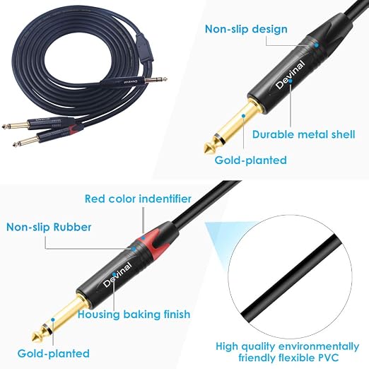Devinal 1/4 to Dual 1/4 Y-Splitter Cable, 6.35mm TRS to Dual 6.35mm TS Insert - Image 3