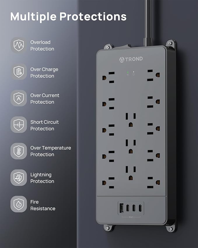 TROND 360° Rotating Flat Plug, Surge Protector Power Strip, 13AC Widely Spaced - Image 9