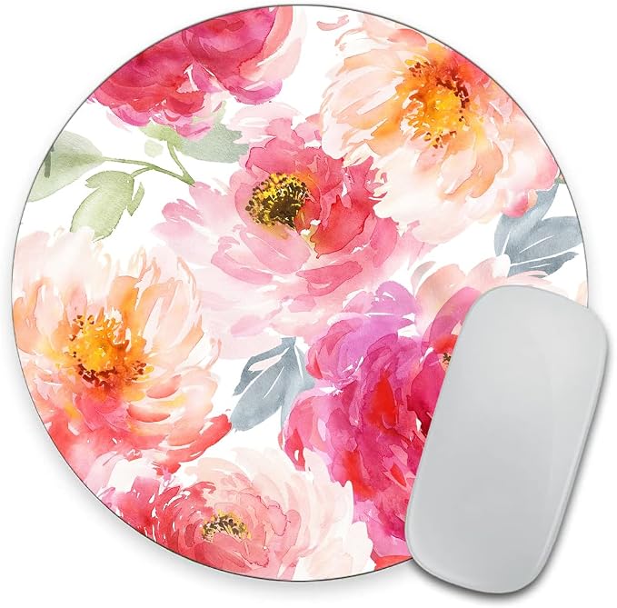 Pink Peony Flower Round Mousepad, Personalized Custom Design Mouse Pads，Cute by Goodsprout