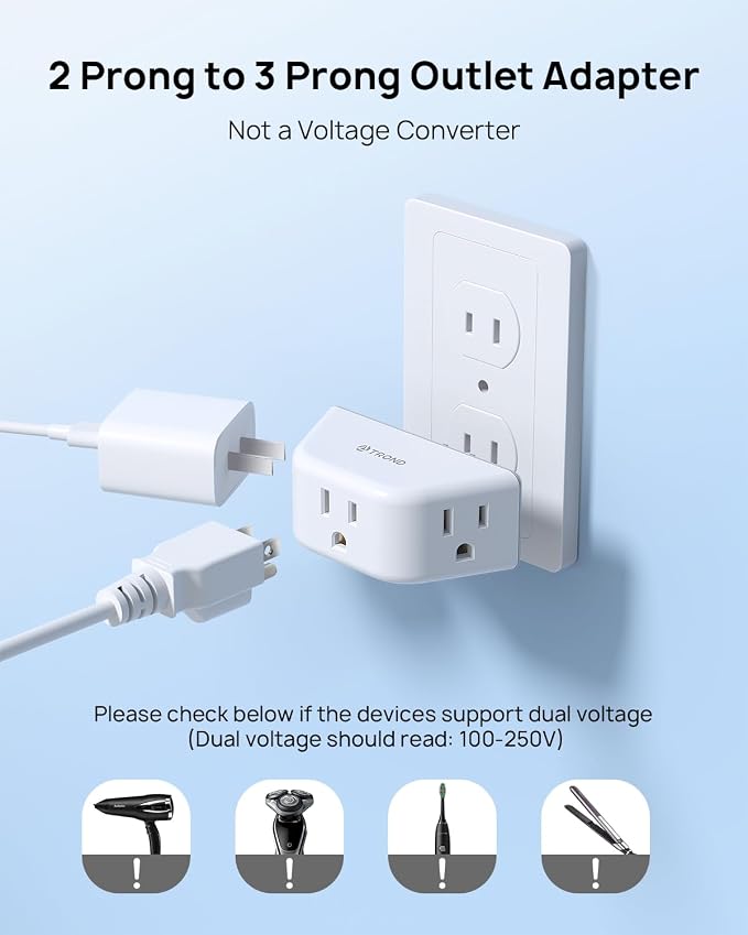 TROND 2 Prong to 3 Prong Outlet Adapter 2 Pack, 3-Way Angled Wall Extender - Image 7