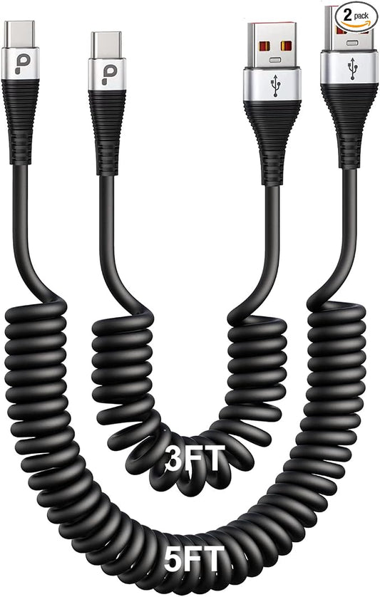 USB Type C Coiled Cable Fast Charging, Short USB A to USB C Charge Cable by PRAKIE