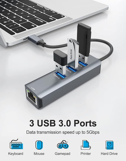 ABLEWE USB C to Ethernet Adapter, 4-in-1 RJ45 to USB-C/Thunderbolt 3 to Gigabit - Image 3