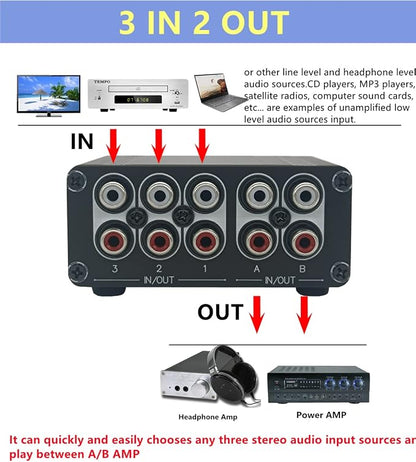 3 in 2 Out RCA Stereo Audio Switch Input Signal Source Switcher Selector - Image 2