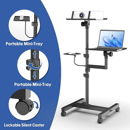 2 Shelves Mobile Projector Stand, Rolling Laptop Stand Adjustable Height to 47 - Image 6