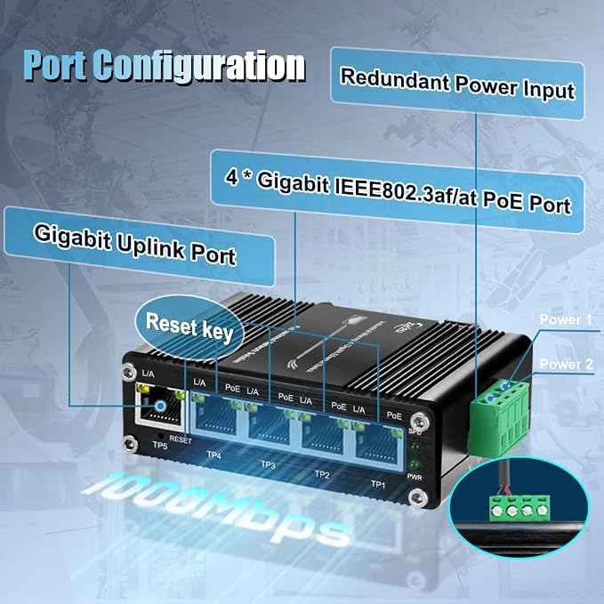 Industrial Managed 5 Port PoE Ethernet Switch, Mini Gigabit Networking Switch - Image 2