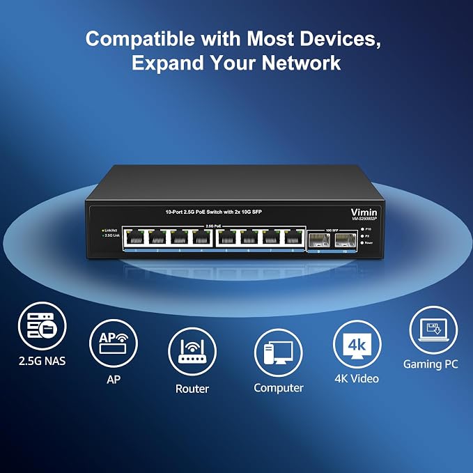 8 Port 2.5G PoE Switch Unmanaged, VIMIN 10x 2.5G Base-T PoE Switch, 2X 10G SFP - Image 3