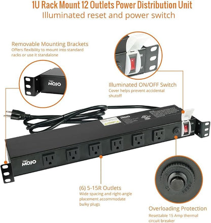 Tecmojo 1U Rackmount Network-Grade PDU Power Strip, 12 Wide-Spaced Right Angle - Image 4