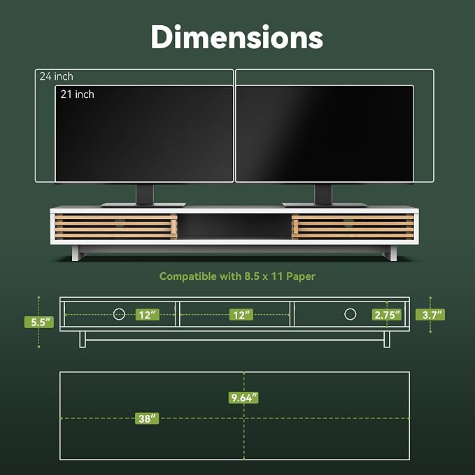 Dual Monitor Stand Riser with Sliding Door, Double Computer Laptop Stand Desk - Image 5