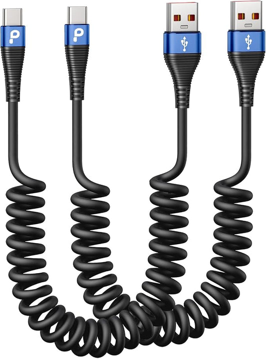USB C Cable 3ft 2Pack Coiled USB A to USB C Charge Cord by PRAKIE