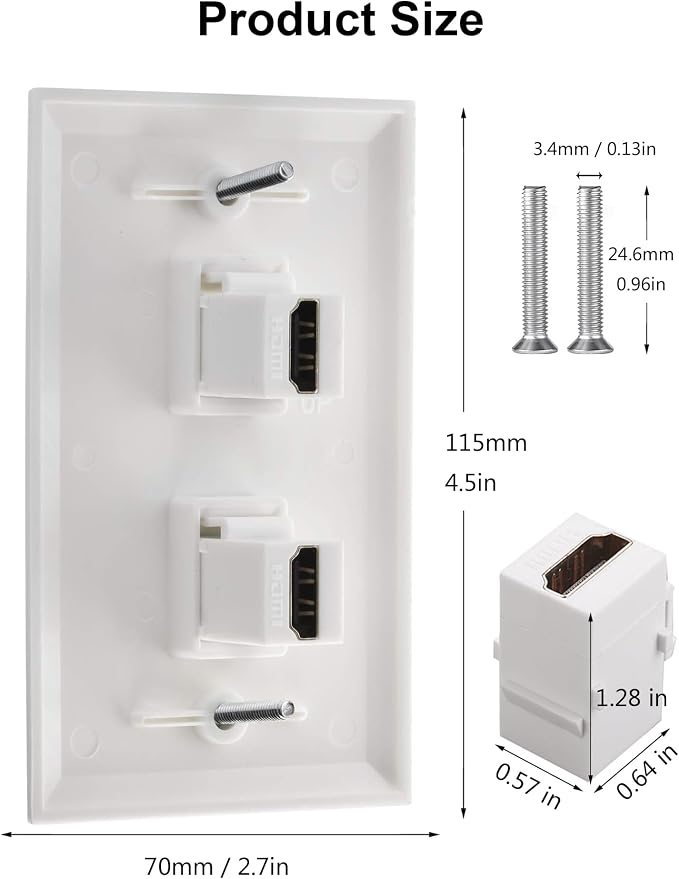 HDMI Wall Plate, 2 Port 4K HDMI Keystone Female to Female Wall Plate-White - Image 3