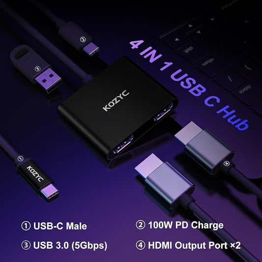 USB C to Dual HDMI Adapter 4K@30Hz, USB C Hub Multiport Adapter - Image 2