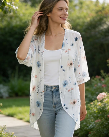 Women's Floral Print Puff Sleeve Kimono Cardigan Loose Cover Up Casual Blouse - Image 6