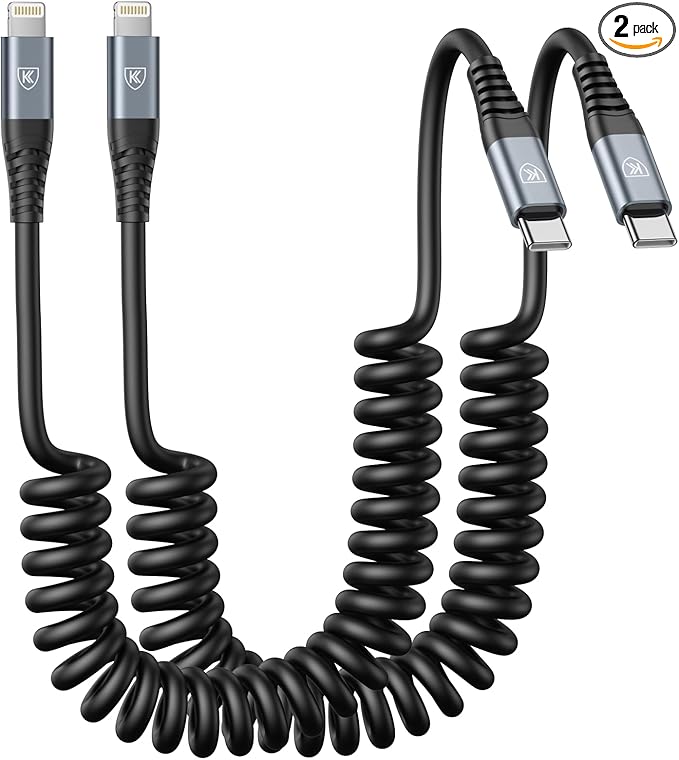 KIYODA USB Type C to Lightning Cable 3FT 2Pack, Coiled iPhone Charger Fast by KIYODA