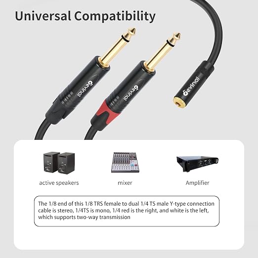 Devinal 3.5mm to Dual 1/4 Y Splitter Cable, 1/8" Female TRS to Dual 6.35mm TS - Image 3